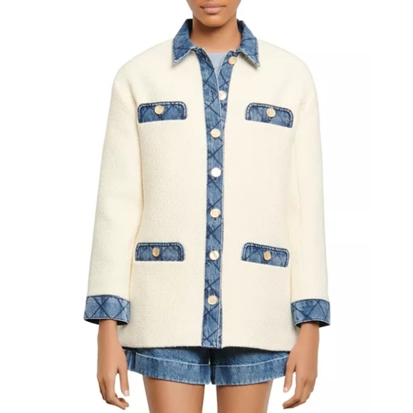 SANDRO Chelby Tweed Denim Jacket White Blue Coat Jenni Kim Black Pink 38 6 M - Picture 1 of 10